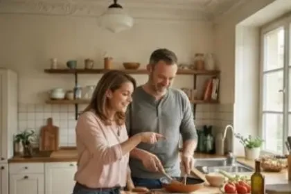 Ein Paar kocht gemeinsam in der Küche als Zeichen für funktionierende Kommunikation und Teamwork