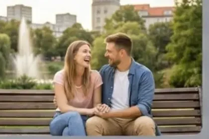 Ein Paar sitzt entspannt auf einer Parkbank im Schöneberger Kiez und führt ein tiefes Gespräch