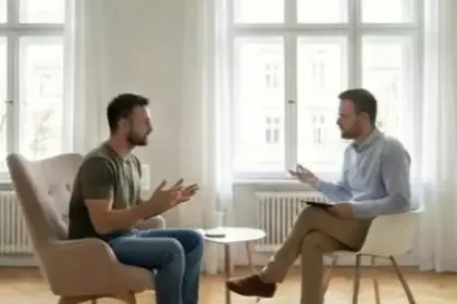 Zwei Männer im klärenden Gespräch während einer psychologischen Beratung oder Paartherapie